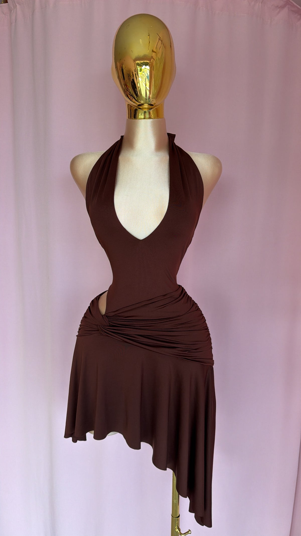 Chocolate Halter Ruched Dress